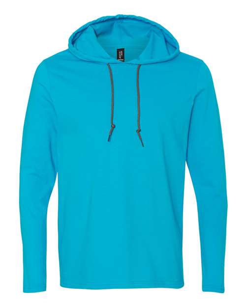 Gildan 987 Unisex Softstyle® Lightweight Hooded Long Sleeve T-Shirt - Caribbean Blue/ Dark Grey