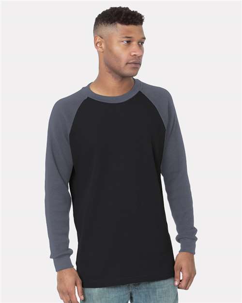 Bayside 8211 Men's USA-Made Heavyweight Waffle Knit Thermal Raglan T-Shirt - Black/ Dark Grey