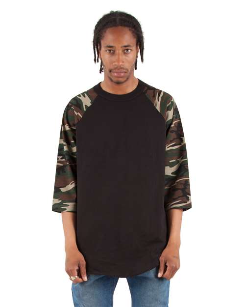Shaka Wear SHRAGCM Unisex Camo Raglan Tee - Black/ Camo Green