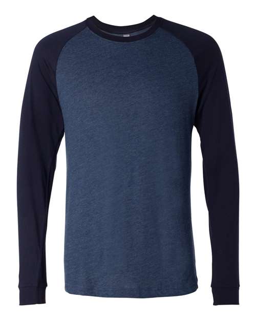 BELLA + CANVAS 3000 Men's Long Sleeve Jersey Baseball Tee - Heather Navy/ Midnight