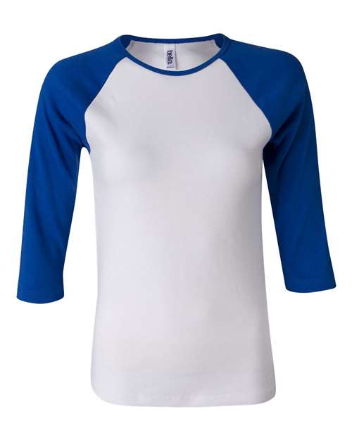 BELLA + CANVAS 2000 Women’s 1X1 Baby Rib Raglan Three-Quarter Sleeve Tee - White/ True Royal