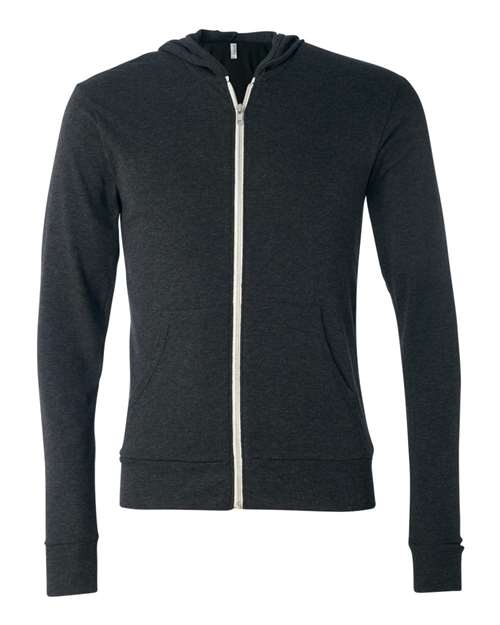BELLA + CANVAS 3939 Unisex Triblend Lightweight Full-Zip Hooded Long Sleeve Tee - Charcoal Black Triblend