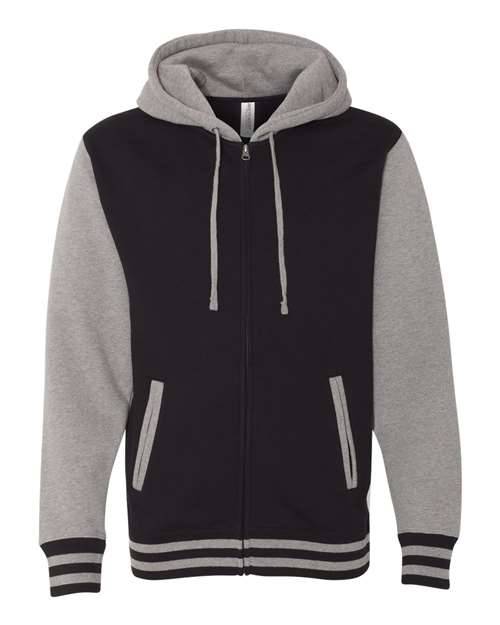 Independent Trading Co. IND45UVZ Unisex Heavyweight Varsity Full-Zip Hooded Sweatshirt - Black/ Gunmetal Heather