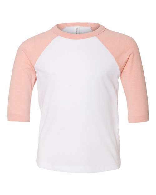 BELLA + CANVAS 3200T Toddler Three-Quarter Sleeve Baseball Tee - White/ Heather Peach