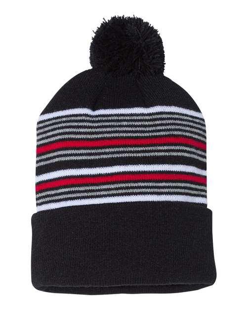 Sportsman SP60 12" Striped Pom-Pom Cuffed Beanie - Black/ White/ Grey/ Red